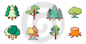 Tree icon set, cartoon style