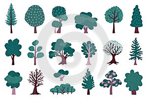 Tree icons. Forest plant silhouettes, green park landscape with branch and summer leaves, nature earth spring garden