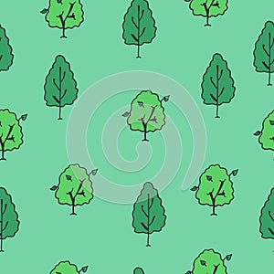 Tree illustration on green background. green environment. hand drawn vector. seamless pattern. forest, park icon. nature backgroun