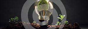 Growing tree inside a lightbulb, eco-friendly innovation, representing sustainability and green energy concept