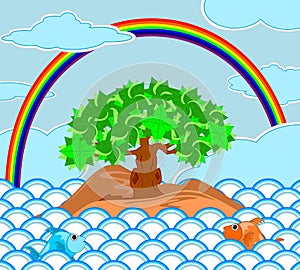 Tree on the island at sea with rainbow on the sky