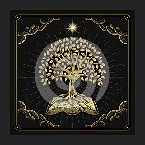 The tree of knowledge with ancient books with engraving, hand drawn, luxury, celestial, esoteric, boho style, fit for spiritualist