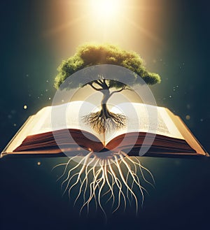 tree of knowledge with deep roots raising from a book , at sunset ,rays from the sun