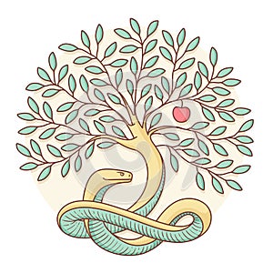 Tree of the knowledge of good and evil with snake and apple. Colorful design. Vector Illustration.