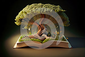 Tree of knowledge grows from book of wisdom. Abstract background about learning, studying, knowledge and information. Metaphor