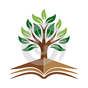 Tree of Knowledge Logo: Open Book with Tree Roots and Leaves Design