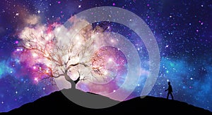 Tree of knowledge, man silhouette, cosmos, shining stars universe sky