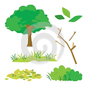 Tree Leaves Grass Bush Branch Flora Cartoon Vector