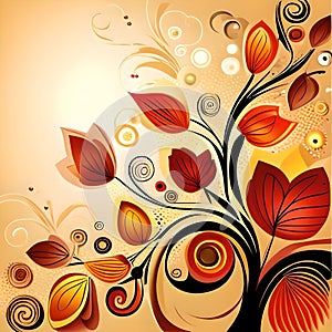 Tree and Leaves With Swirls Autumn Background Design