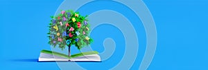 Tree with letters and numbers grows from open book. Education and Knowledge concept 3d render