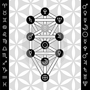 Tree of life with astrological symbols of planets on background of flower of life