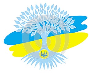 The tree of life on the background of the Ukrainian flag with a trident.