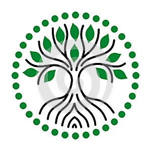 The tree of life of black lines and green leaves. Logo. Vector.