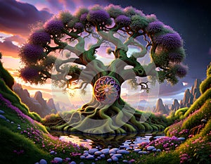 tree of life in colorful forest of plants flowers Celtic forest