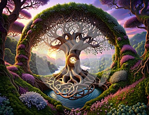 tree of life in colorful forest of plants flowers Celtic forest