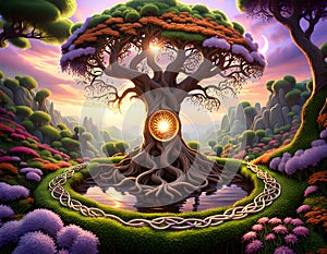 tree of life in colorful forest of plants flowers Celtic forest