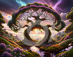 tree of life in colorful forest of plants flowers Celtic forest