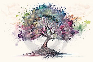 The tree of life in colorful watercolor on white background. Generative AI