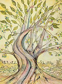 Tree of life with doodled leaves and fruit in the garden of Eden.