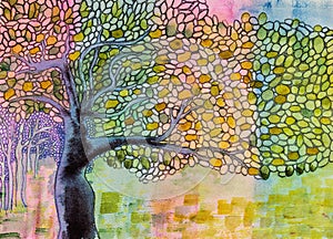 Tree of life with doodled leaves in the garden of Eden