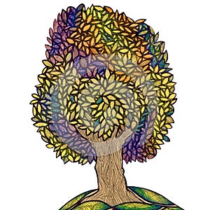 Tree of life. Drawing hands, stylized tree with a thick crown painted with colored pencils, liner, ink. Conceptual drawing on the