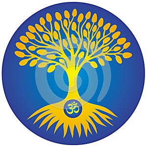 The tree of life in gold, yellow and orange tones on a blue circle, mandala. With om. aum. ohm sign.