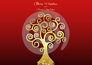 Tree of life isolated on red background, gold leaf in art deco style. Merry Christmas and Happy New Year theme, vector golden tree