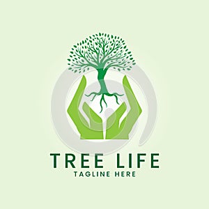 tree life logo icon template design. hand and tree illustration