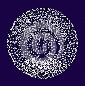 The tree of life. Mandala. Symbolic pattern in white. Manual graphics on a blue background.