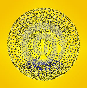 Tree of life in the middle of a circular mandala. Elegant openwork pattern.