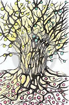 Tree of life, neuro art graphic concept, abstract pencil drawing, art therapy of brain task