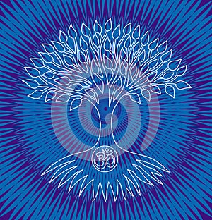 The tree of life with an om / aum sign on a blue openwork background.