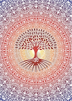 Tree of life on an openwork background with the sign aum om ohm