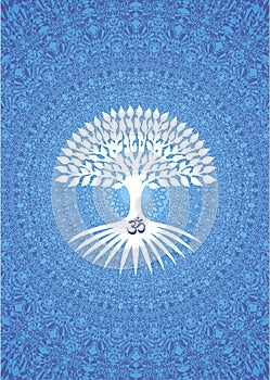 Tree of life on an openwork background with the sign aum om ohm in blue