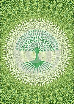 Tree of life on a openwork mandala in green background.