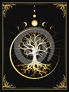 Tree of Life and Phases of Moon Medieval Esoteric Emblem