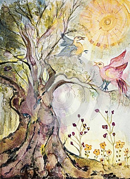 Tree of life with playing doves drawing.