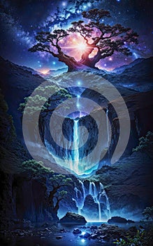 Tree of life with space star behind and magical waterfall running down in front into a fantasy lake - Generative AI