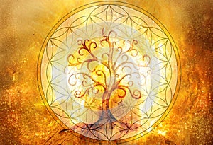 Tree of life symbol and flower of life and space background, yggdrasil.