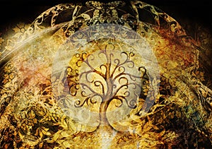 Tree of life symbol on structured background, yggdrasil. photo
