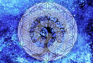 Tree of life symbol on structured ornamental background, flower of life pattern, yggdrasil.
