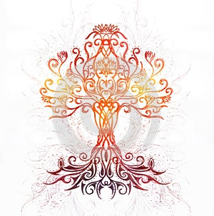 Tree of life symbol on structured ornamental background, yggdrasil.