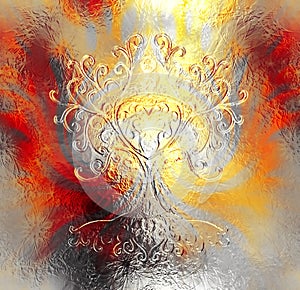 Tree of life symbol on structured ornamental background, yggdrasil