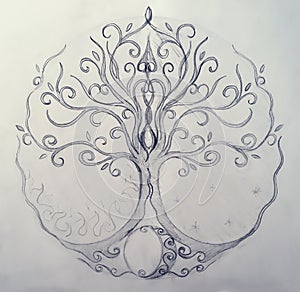 Tree of life symbol on structured ornamental background, yggdrasil.
