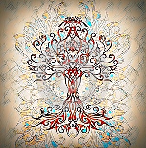 Tree of life symbol on structured ornamental background, yggdrasil