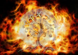Tree of life symbol on structured ornamental background, yggdrasil. Fractal effect.