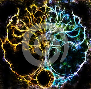 Tree of life symbol on structured ornamental background, yggdrasil. Fractal effect.