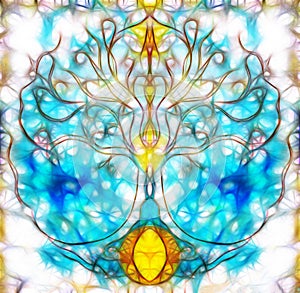 Tree of life symbol on structured ornamental background, yggdrasil. Fractal effect.