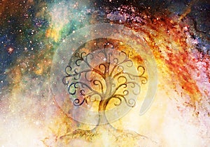 Tree of life symbol on structured and space background, flower of life pattern, yggdrasil.