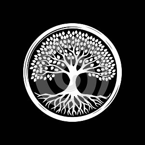 Tree of Life White on Black Circle
